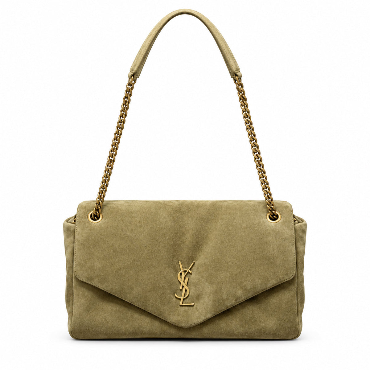 YSL Saint Laurent Calypso Suede Bag Sage Green Antique Gold Chain Straps