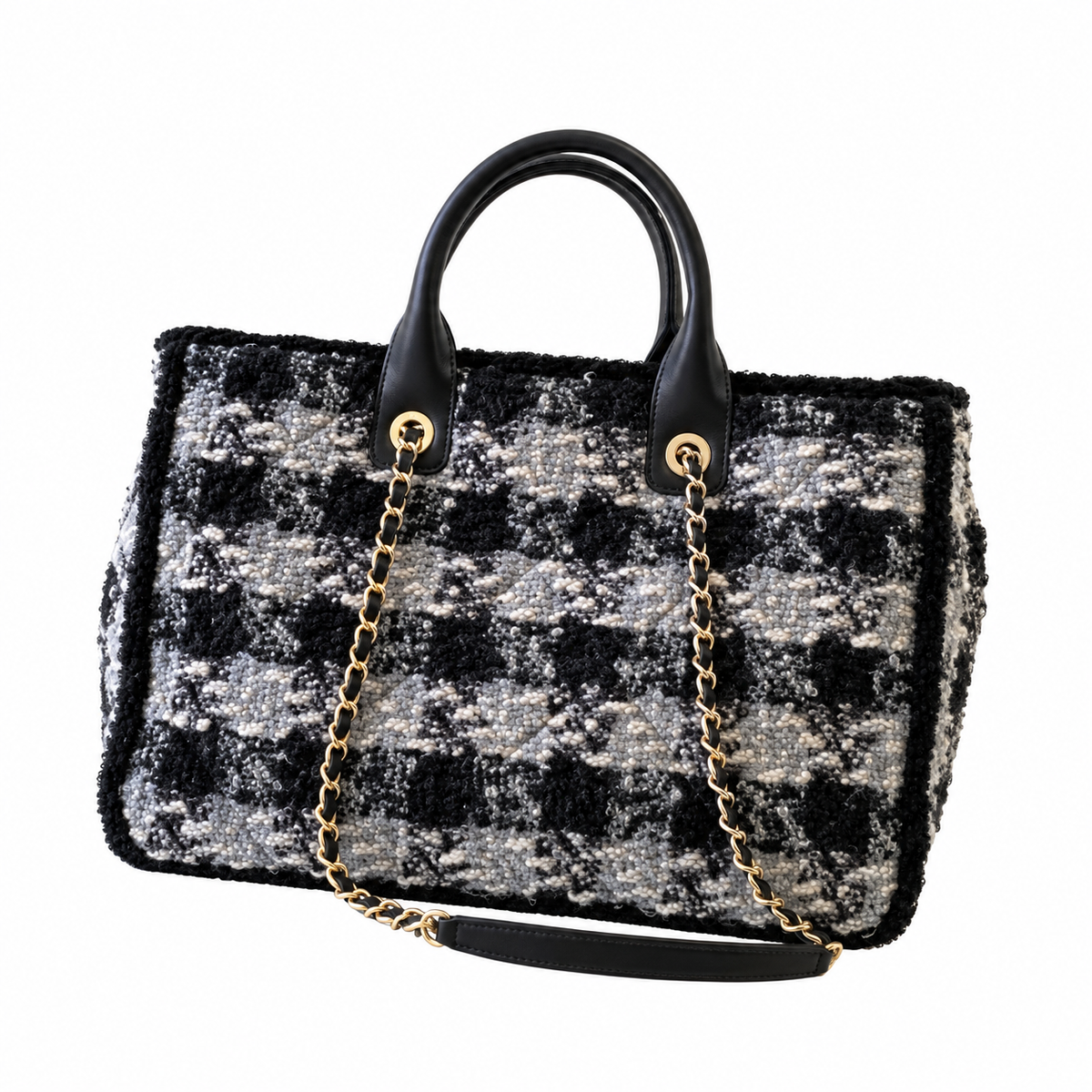 Chanel Deauville Large Tweed Tote Black White 27.5×39.5×16cm