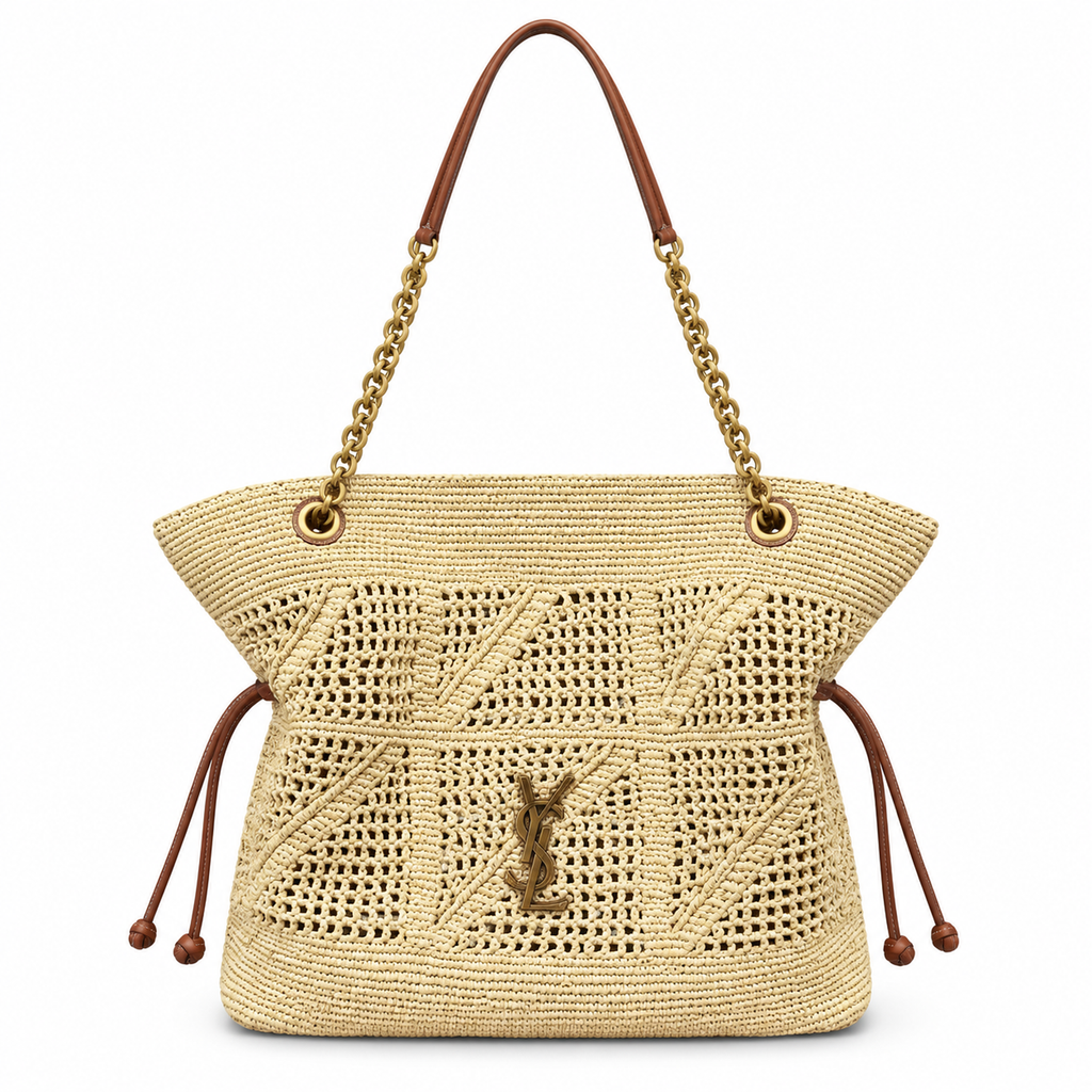 YSL Saint Laurent Bougeoir Tote in Natural Raffia and Tan Leather