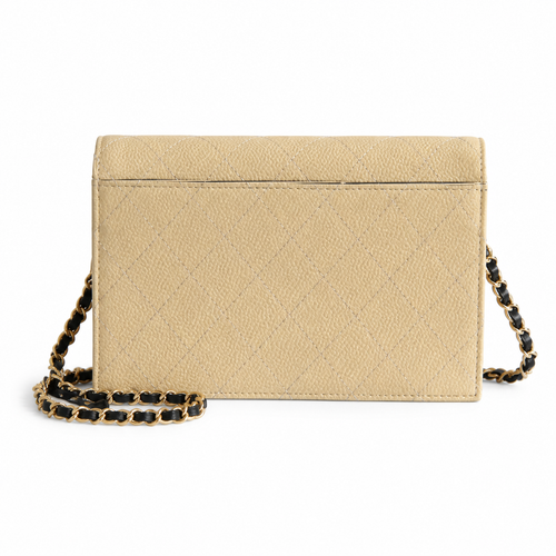 Chanel Beige Caviar WOC | Contrast Black CC & Black Chain — 19cm
