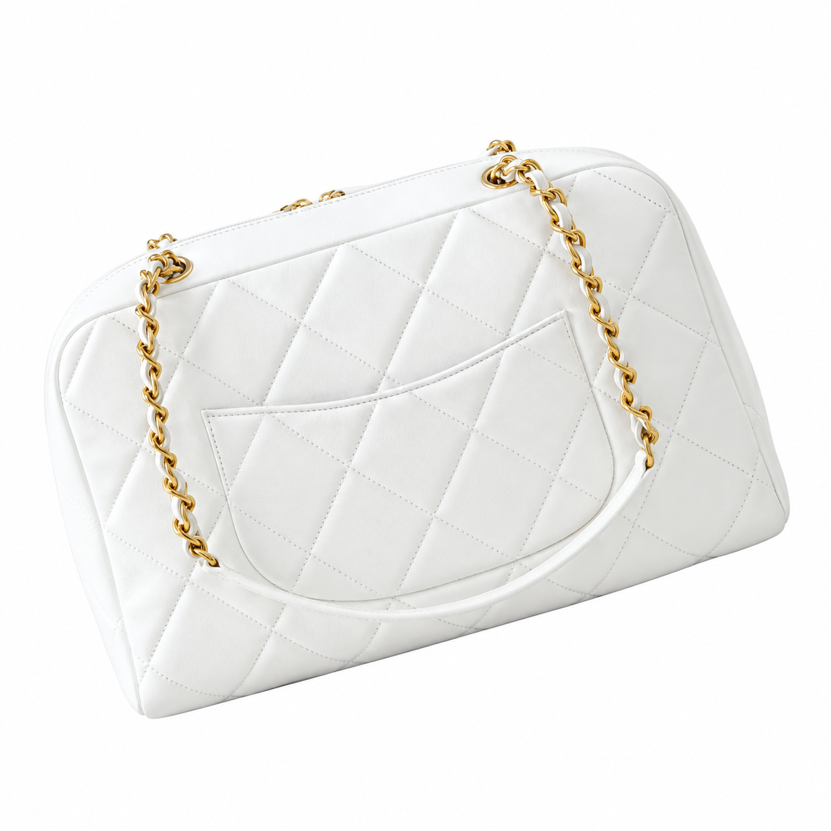 Chanel Quilted Lambskin Bowling Bag White 21×33×15cm