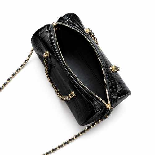 Chanel Black Croc-Embossed Mini Bowling Bag | Dual Gold Zippers — 19cm