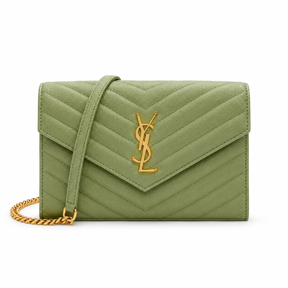 YSL Saint Laurent Envelope Chain Wallet Sage Green Matelasse Chevron Leather Gold YSL Monogram Chain Strap