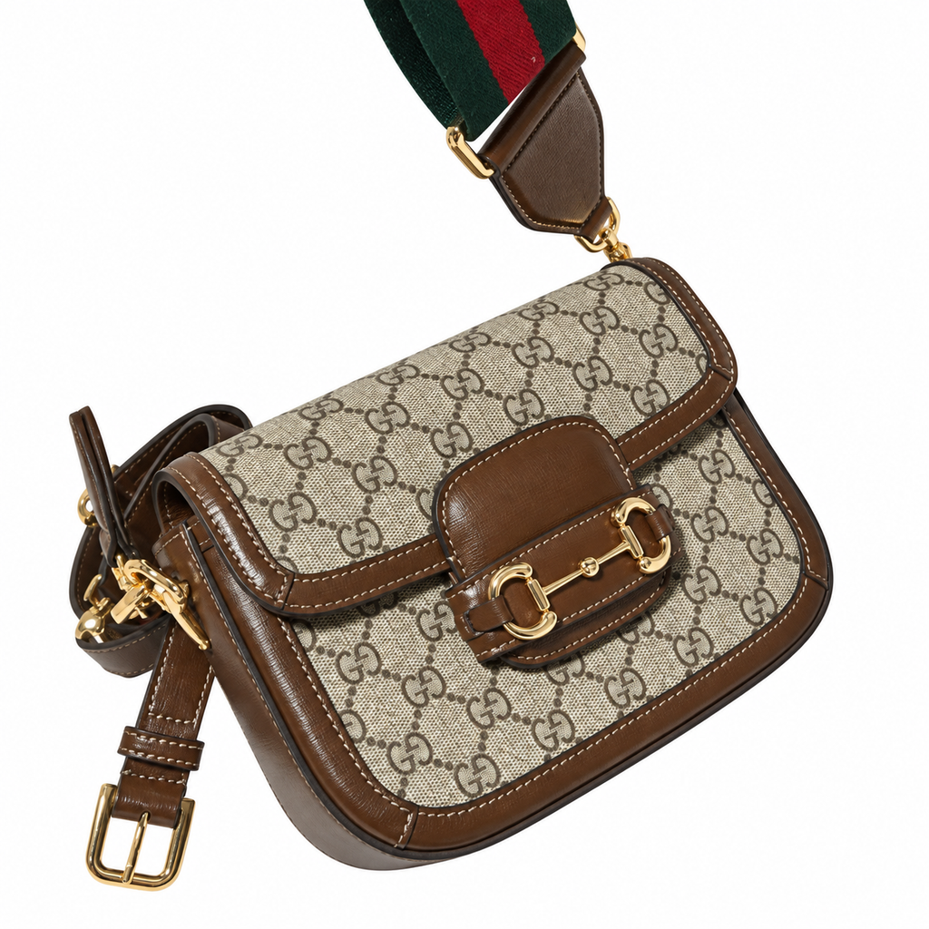 Gucci Horsebit 1955 Mini Bag in GG Supreme Canvas with Brown Leather Trim