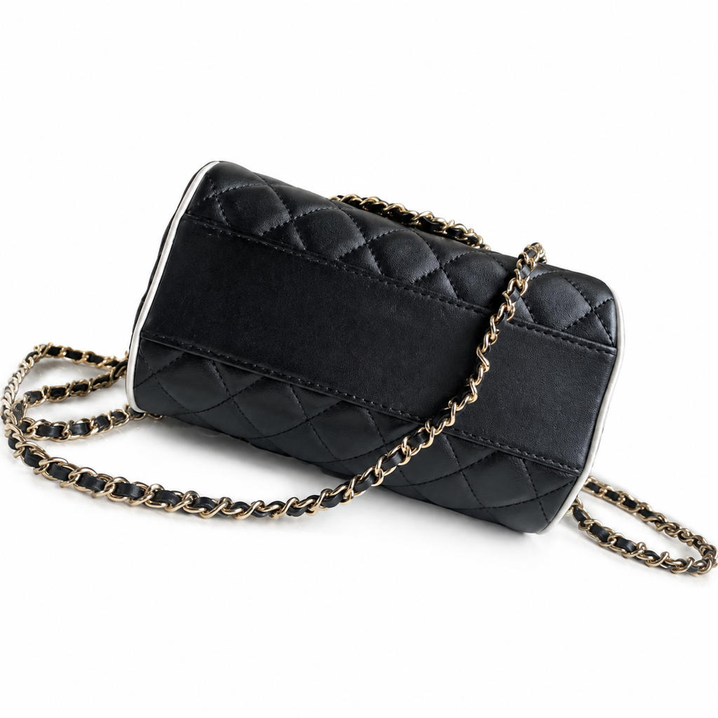 Chanel Quilted Barrel Bag | CC Logo Gold Chain Black White — 11.5x18.5cm