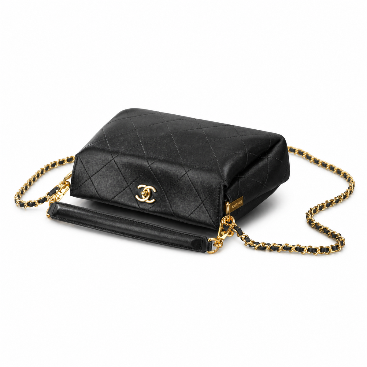 Chanel 22 Mini Shopping Bag Black Quilted Lambskin | CHANEL Tag & Burgundy Interior — 23cm