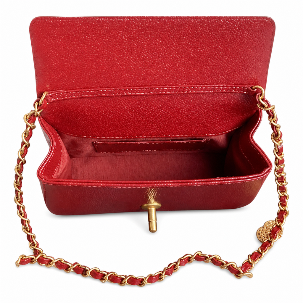 Chanel Mini Flap Bag Red Caviar Leather | Aged Gold CC & Red Chain — 17.5cm