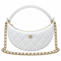 Chanel Crescent Hobo Quilted Caviar White Gold Pearl Zip Dual Chain 22cm