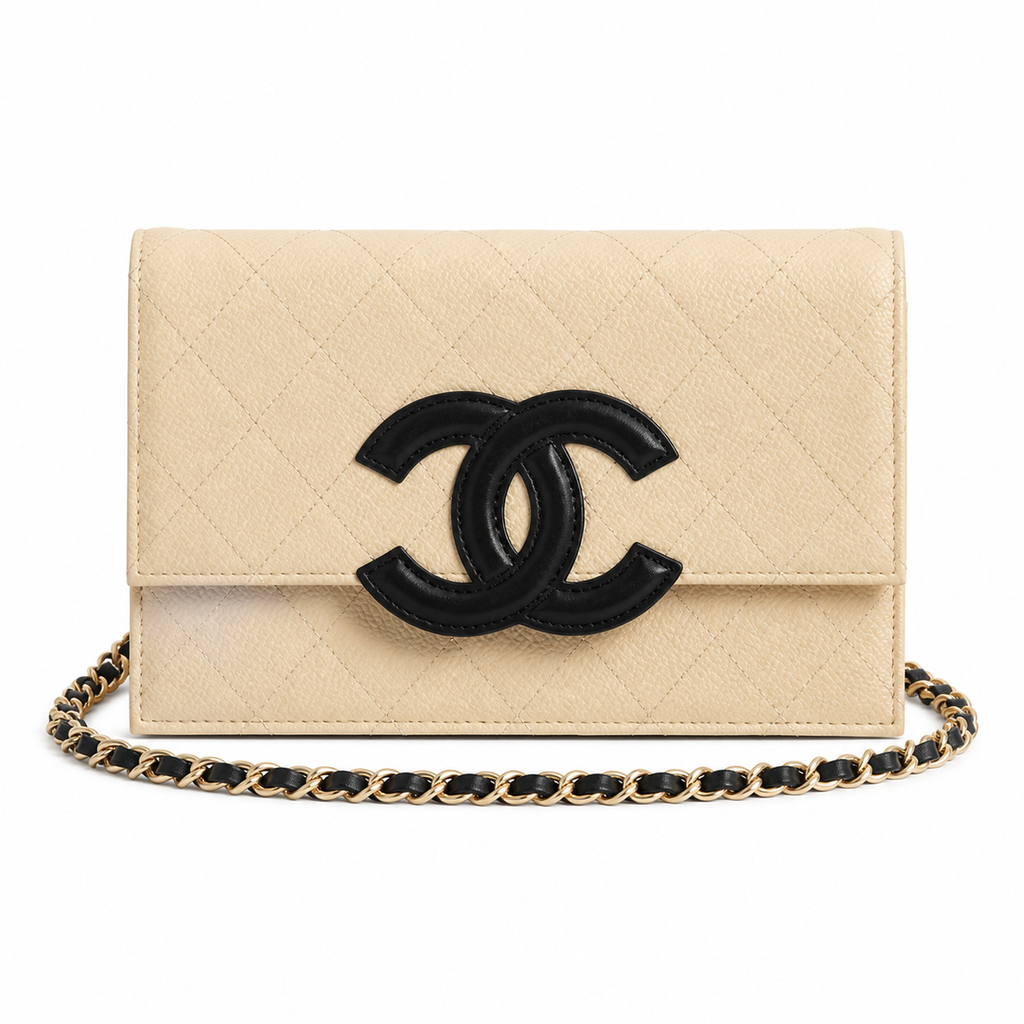 Chanel Beige Caviar WOC | Contrast Black CC & Black Chain — 19cm