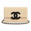 Chanel Beige Caviar WOC | Contrast Black CC & Black Chain — 19cm