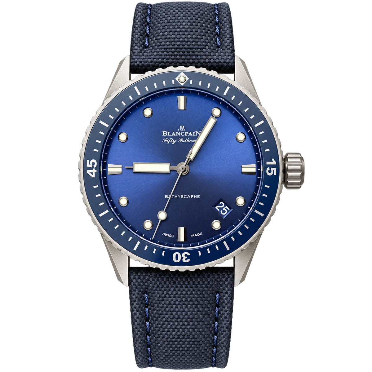 Blancpain Fifty Fathoms Bathyscaphe Blue Dial Ceramic Bezel Fabric Diver Watch