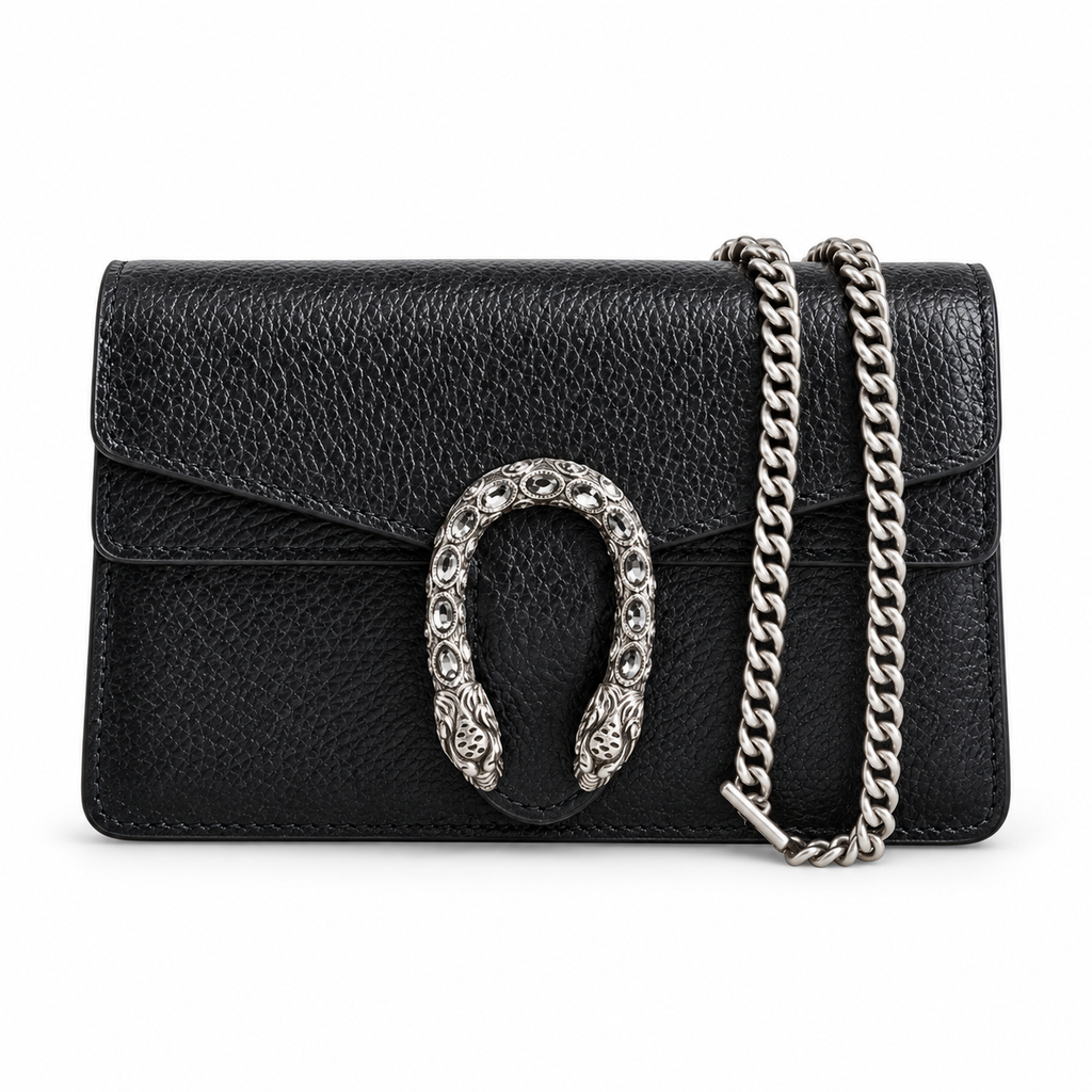 Gucci Dionysus Mini Bag in Black Pebbled Leather with Crystal Embellished Closure