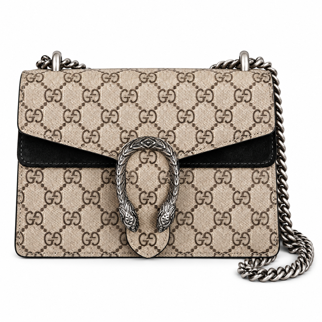 Gucci Dionysus Small Bag in GG Supreme Canvas with Black Suede Flap