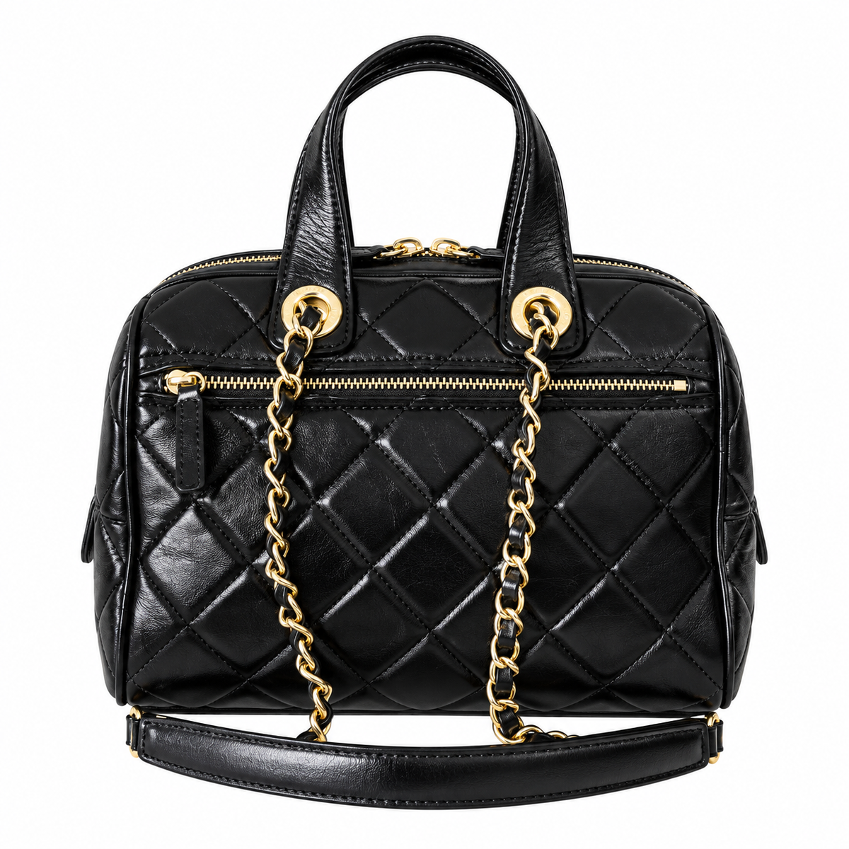 Chanel Quilted Aged Calfskin Bowling Bag Black Gold CC 21cm