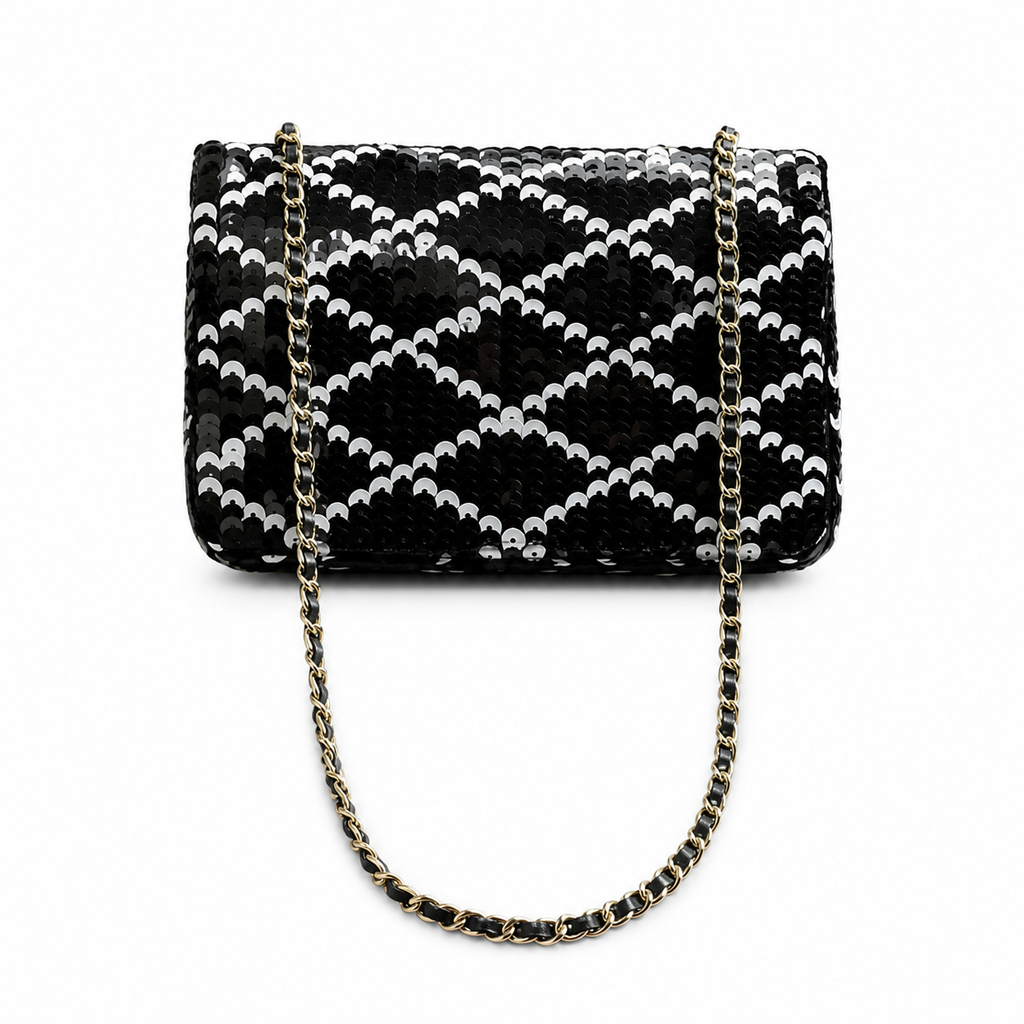 Chanel CC Sequin Flap Bag | Black & Silver Sequin & Gold — 21cm