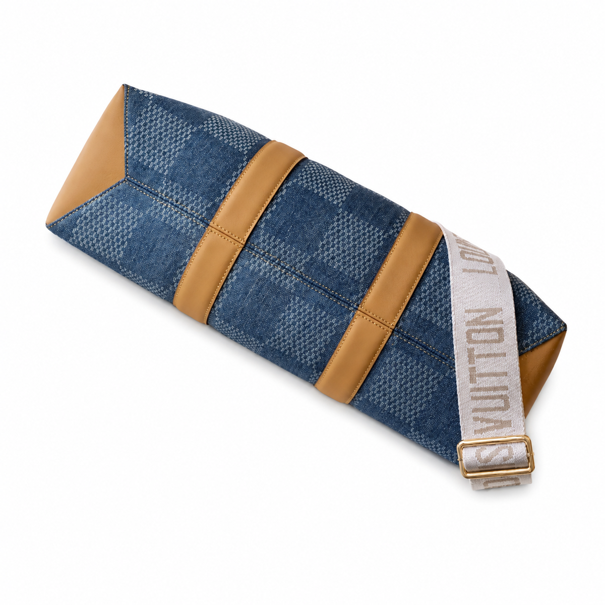 Louis Vuitton On The Go GM — Monogram Denim Canvas, Vachetta Trim & LV Logo Wide Strap