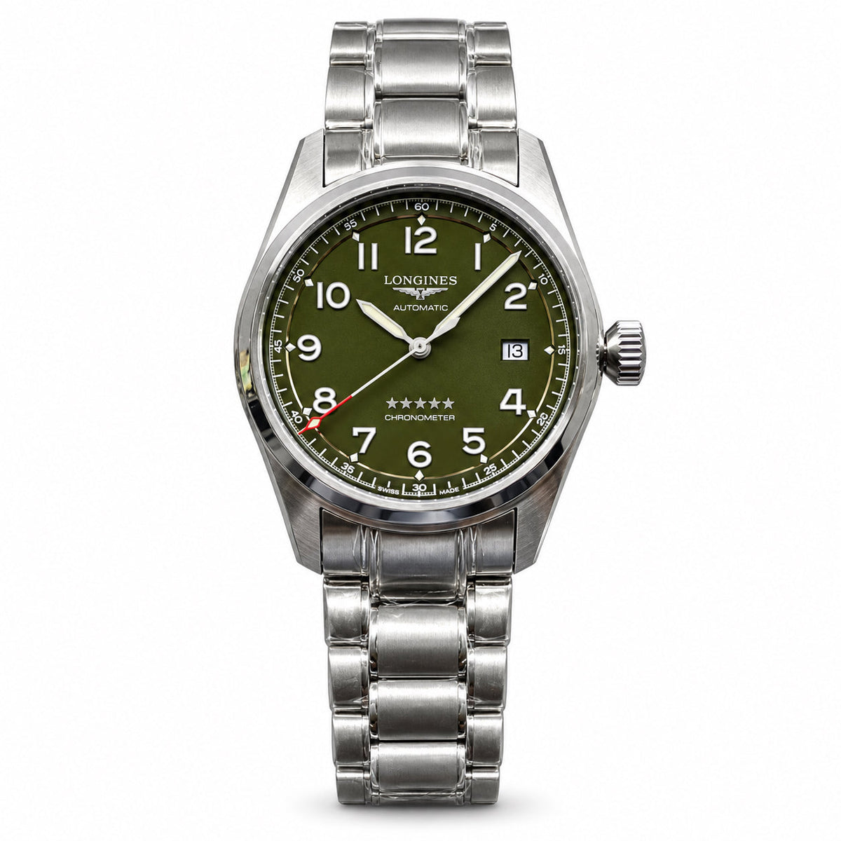 Longines Spirit military green dial stainless steel bracelet automatic chronometer pilot watch