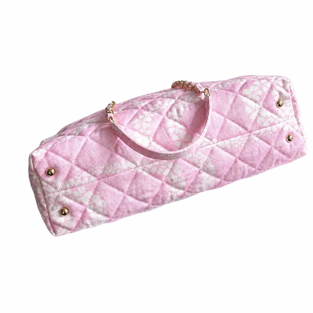 Chanel Pink Floral Jacquard Quilted Shopping Tote | Rose Gold CC Turn-Lock, Dual Tube Handles & Rose Gold Chain