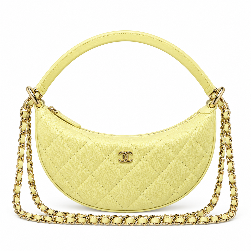 Chanel Crescent Hobo Quilted Caviar Lemon Yellow Leather Handle Gold 22cm
