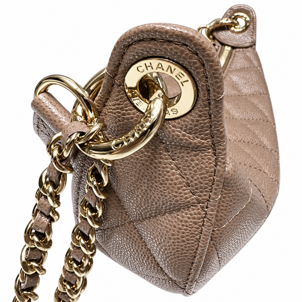 Chanel Crescent Hobo Quilted Metallic Caviar Taupe Gold Dual Chain 22cm