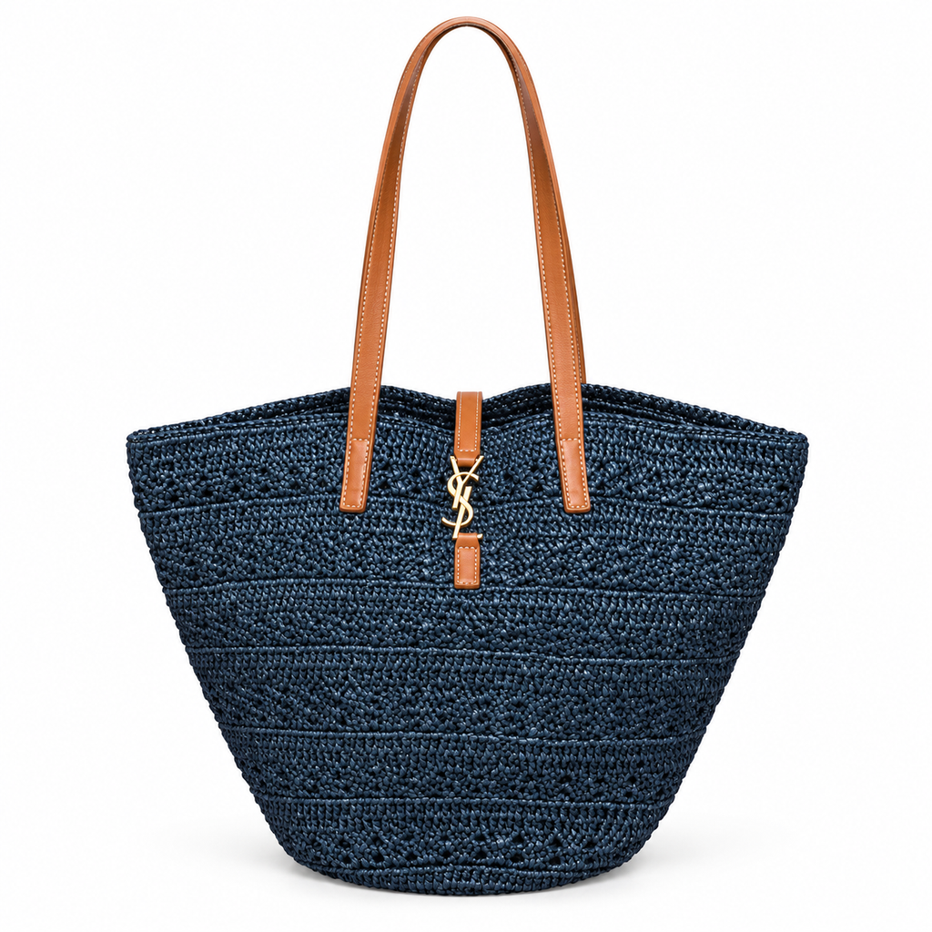 Woven Straw Tote Bag – Navy Blue