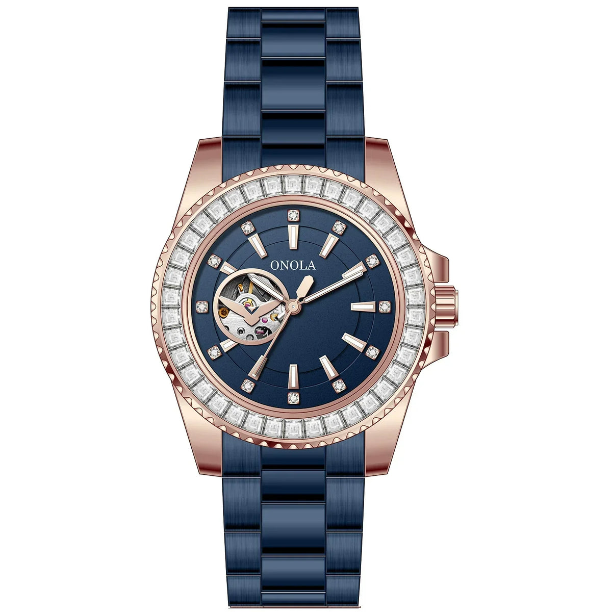 ONOLA Automatic — Steel, Green Baguette Crystal Bezel, Green Skeleton Dial & Steel Bracelet, Men